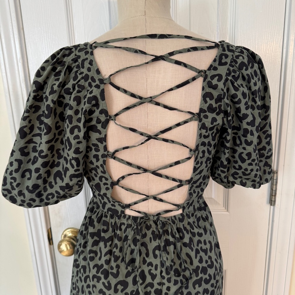 ASOS Green Leopard Print Puff Sleeve Midi Dress Size 4 NWT - Picture 3 of 9
